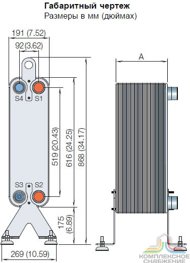 Габаритный чертеж паяного теплообменника Alfa Laval AC220EQ